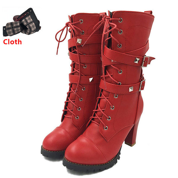 TAOFFEN Ladies shoes Women boots High heels Platform Buckle Zipper Rivets Sapatos femininos Lace up Leather boots Size 34-43