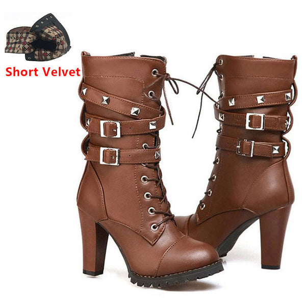 TAOFFEN Ladies shoes Women boots High heels Platform Buckle Zipper Rivets Sapatos femininos Lace up Leather boots Size 34-43