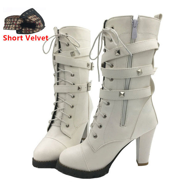 TAOFFEN Ladies shoes Women boots High heels Platform Buckle Zipper Rivets Sapatos femininos Lace up Leather boots Size 34-43