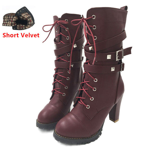 TAOFFEN Ladies shoes Women boots High heels Platform Buckle Zipper Rivets Sapatos femininos Lace up Leather boots Size 34-43