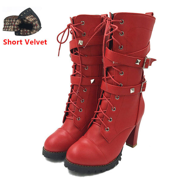 TAOFFEN Ladies shoes Women boots High heels Platform Buckle Zipper Rivets Sapatos femininos Lace up Leather boots Size 34-43