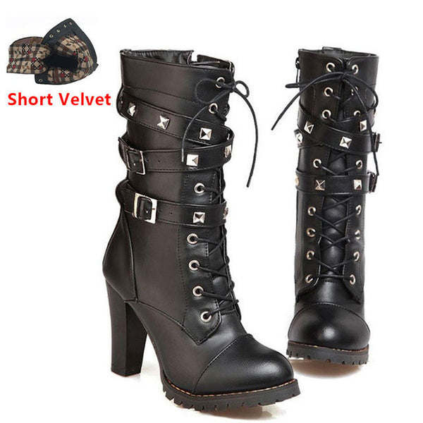 TAOFFEN Ladies shoes Women boots High heels Platform Buckle Zipper Rivets Sapatos femininos Lace up Leather boots Size 34-43