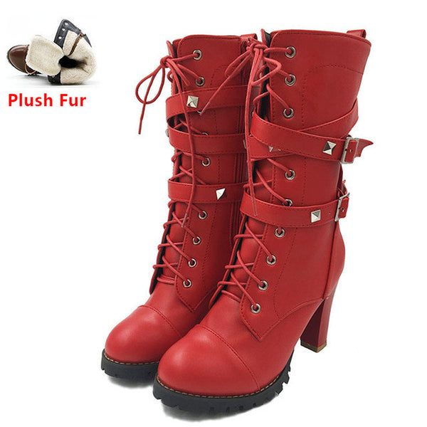 TAOFFEN Ladies shoes Women boots High heels Platform Buckle Zipper Rivets Sapatos femininos Lace up Leather boots Size 34-43