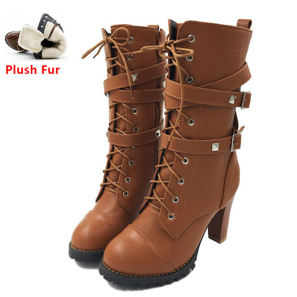 TAOFFEN Ladies shoes Women boots High heels Platform Buckle Zipper Rivets Sapatos femininos Lace up Leather boots Size 34-43