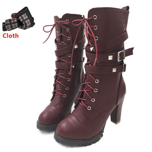 TAOFFEN Ladies shoes Women boots High heels Platform Buckle Zipper Rivets Sapatos femininos Lace up Leather boots Size 34-43