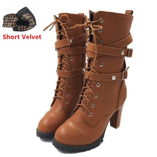 TAOFFEN Ladies shoes Women boots High heels Platform Buckle Zipper Rivets Sapatos femininos Lace up Leather boots Size 34-43