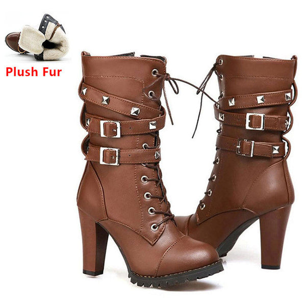 TAOFFEN Ladies shoes Women boots High heels Platform Buckle Zipper Rivets Sapatos femininos Lace up Leather boots Size 34-43