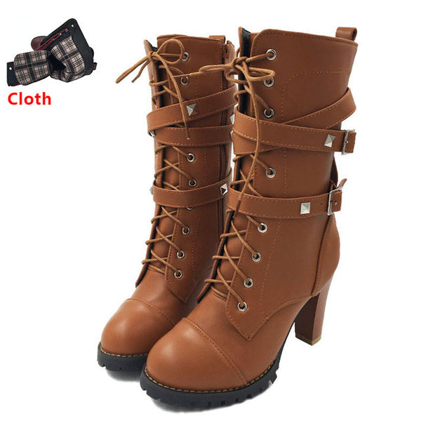 TAOFFEN Ladies shoes Women boots High heels Platform Buckle Zipper Rivets Sapatos femininos Lace up Leather boots Size 34-43