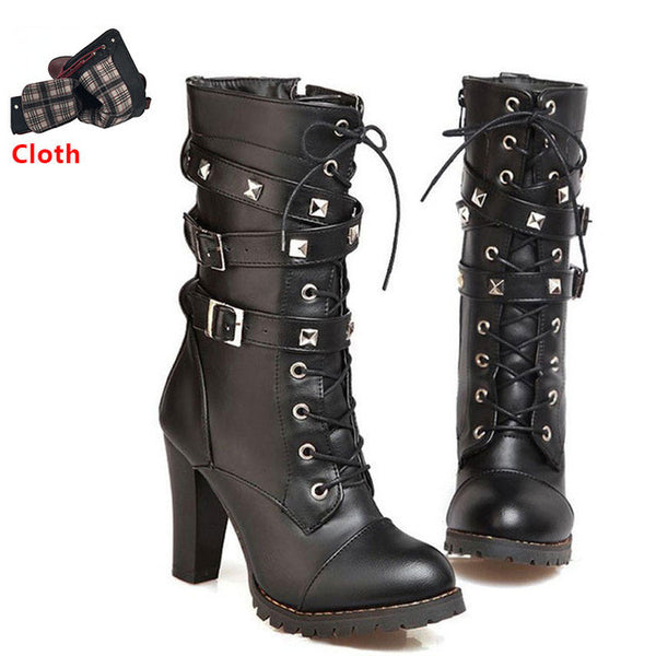 TAOFFEN Ladies shoes Women boots High heels Platform Buckle Zipper Rivets Sapatos femininos Lace up Leather boots Size 34-43