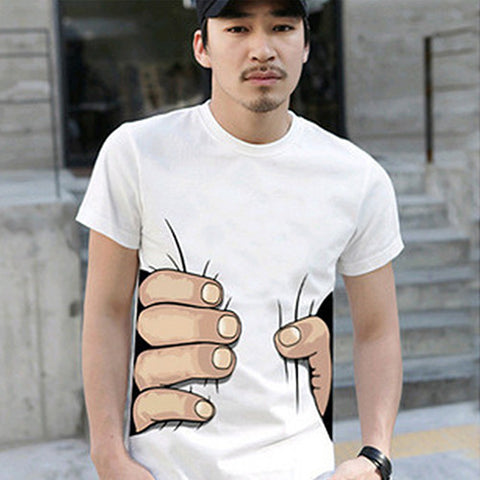 Men's Fashion Summer 3D Big Hand Print Round Neck Short Sleeve White T-shirt