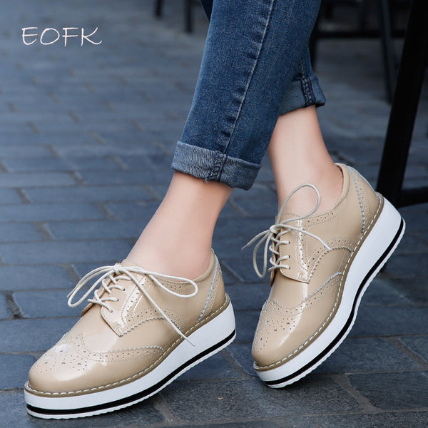 EOFK Brand Spring Women Platform Shoes Woman Brogue Patent Leather Flats Lace Up Footwear Female Flat Oxford Shoes For Women