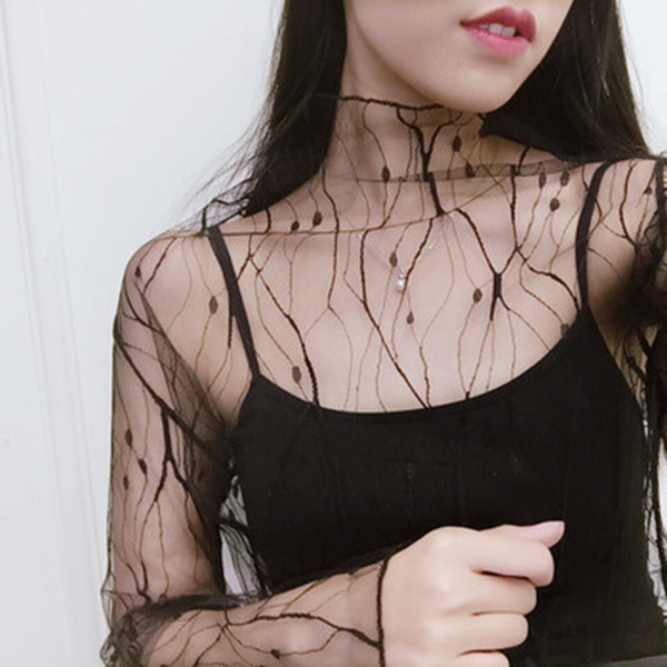 Fashion Trends Mesh Women Long Sleeve Tops Hot Sexy Transparent High Neck Black Lace Bottoming Shirts Punk Chic T Shirt Women