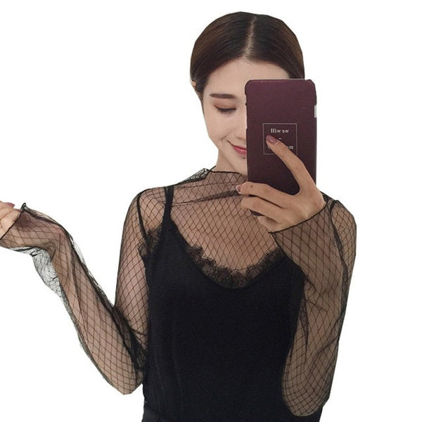Fashion Trends Mesh Women Long Sleeve Tops Hot Sexy Transparent High Neck Black Lace Bottoming Shirts Punk Chic T Shirt Women