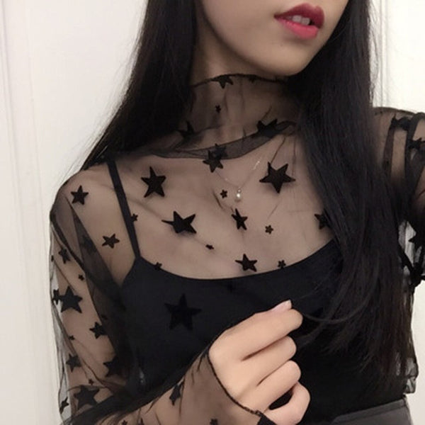 Fashion Trends Mesh Women Long Sleeve Tops Hot Sexy Transparent High Neck Black Lace Bottoming Shirts Punk Chic T Shirt Women