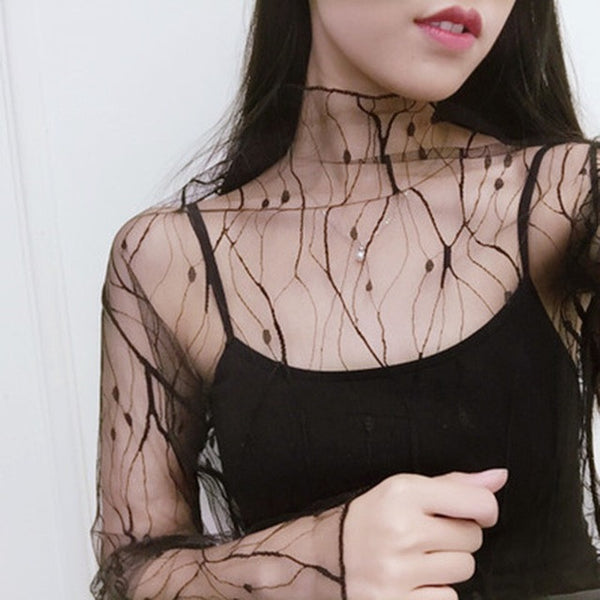 Fashion Trends Mesh Women Long Sleeve Tops Hot Sexy Transparent High Neck Black Lace Bottoming Shirts Punk Chic T Shirt Women