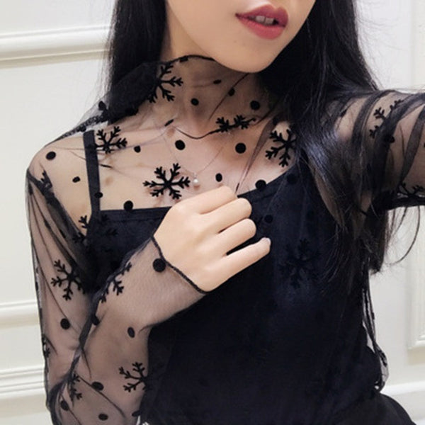 Fashion Trends Mesh Women Long Sleeve Tops Hot Sexy Transparent High Neck Black Lace Bottoming Shirts Punk Chic T Shirt Women