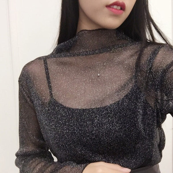 Fashion Trends Mesh Women Long Sleeve Tops Hot Sexy Transparent High Neck Black Lace Bottoming Shirts Punk Chic T Shirt Women
