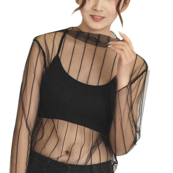 Fashion Trends Mesh Women Long Sleeve Tops Hot Sexy Transparent High Neck Black Lace Bottoming Shirts Punk Chic T Shirt Women