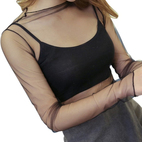 Fashion Trends Mesh Women Long Sleeve Tops Hot Sexy Transparent High Neck Black Lace Bottoming Shirts Punk Chic T Shirt Women