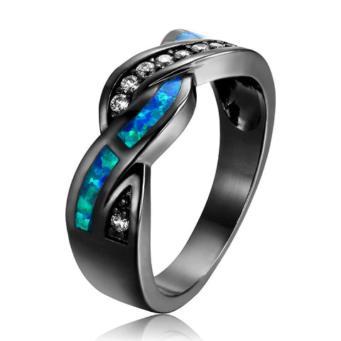 Vintage Black Gun Plated Wave Blue Opal Rings for Women Wholesale Fashion Jewelry Party Cocktail Ring for Wedding Gift BR231