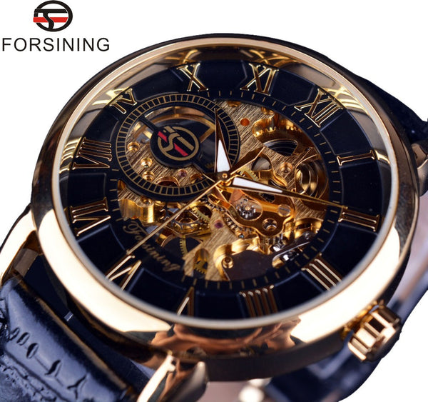 Forsining 3d Logo Design Hollow Engraving Black Gold Case Leather Skeleton Mechanical Watches Men Luxury Brand Heren Horloge