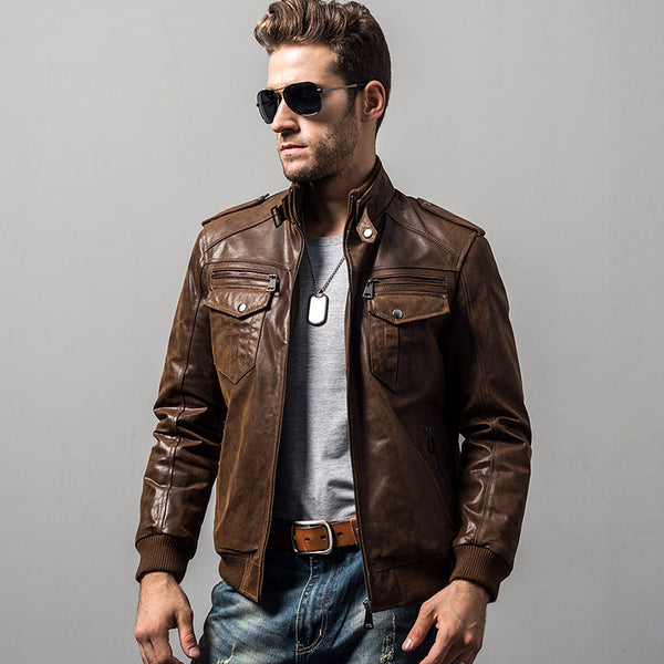 Men's pigskin motorcycle real leather jacket Genuine Leather jackets padding cotton winter warm coat men